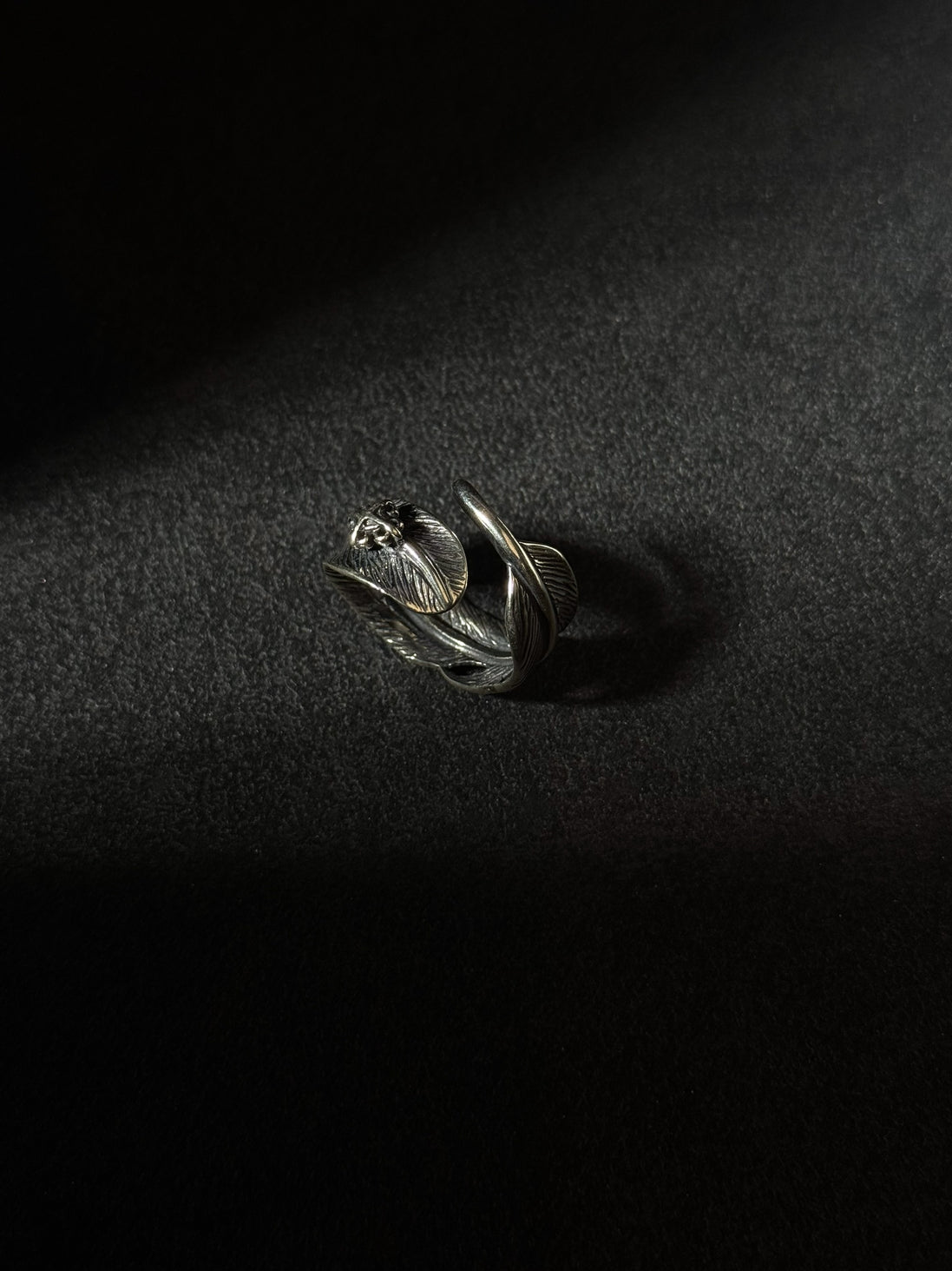 Sterling silver feather wrap open ring with handcrafted oxidized finish