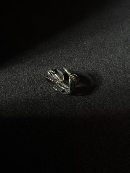 Sterling silver feather wrap open ring with handcrafted oxidized finish