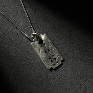 Handcrafted sterling silver razor blade pendant necklace with vintage engraved details