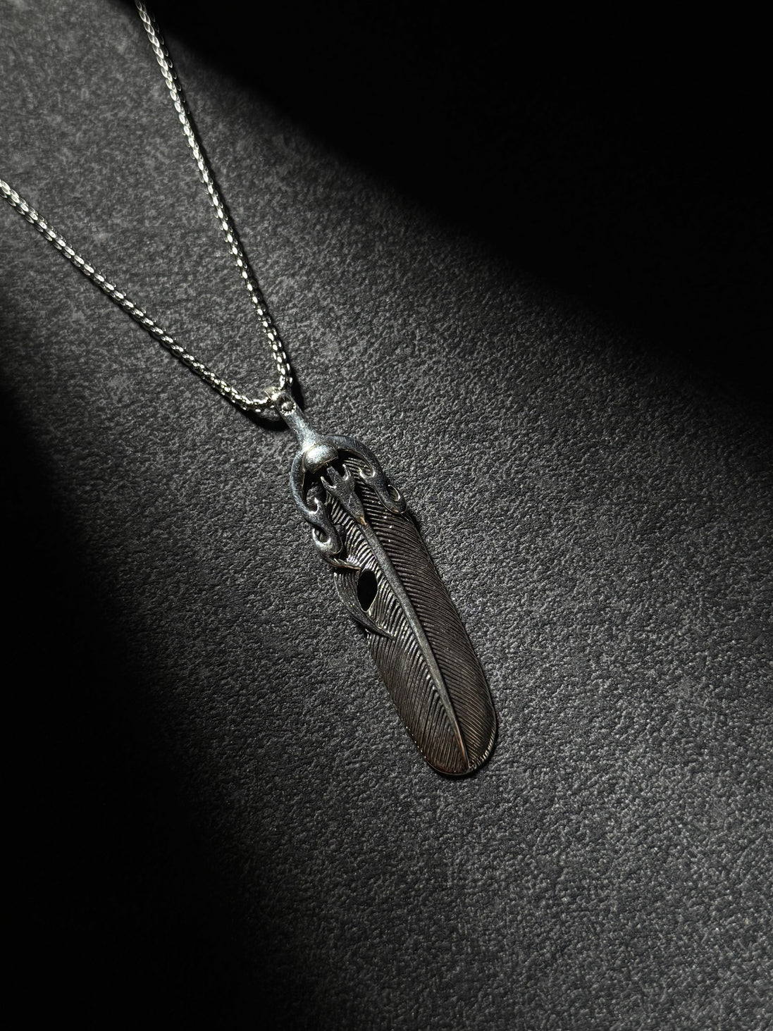 Sterling silver sword feather pendant necklace with handcrafted oxidized finish