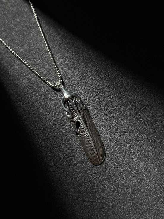 Sterling silver sword feather pendant necklace with handcrafted oxidized finish