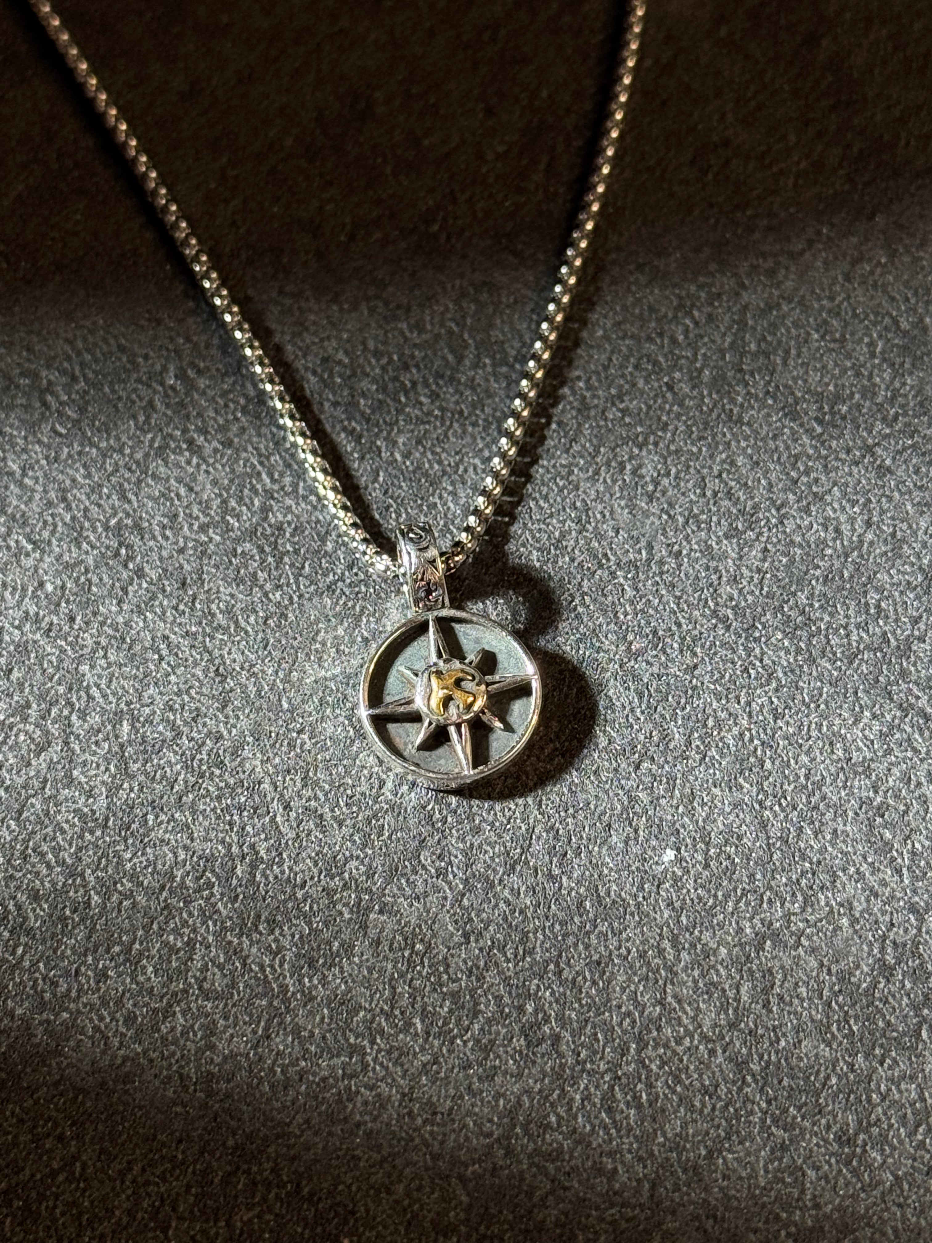 925 sterling silver compass pendant necklace with vintage star navigation design and brass accent 1