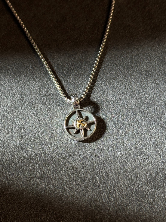 925 sterling silver compass pendant necklace with vintage star navigation design and brass accent 1