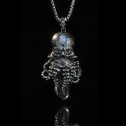 925 sterling silver skull pendant necklace with natural black quartz crystal and opal gemstone
