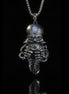 925 sterling silver skull pendant necklace with natural black quartz crystal and opal gemstone