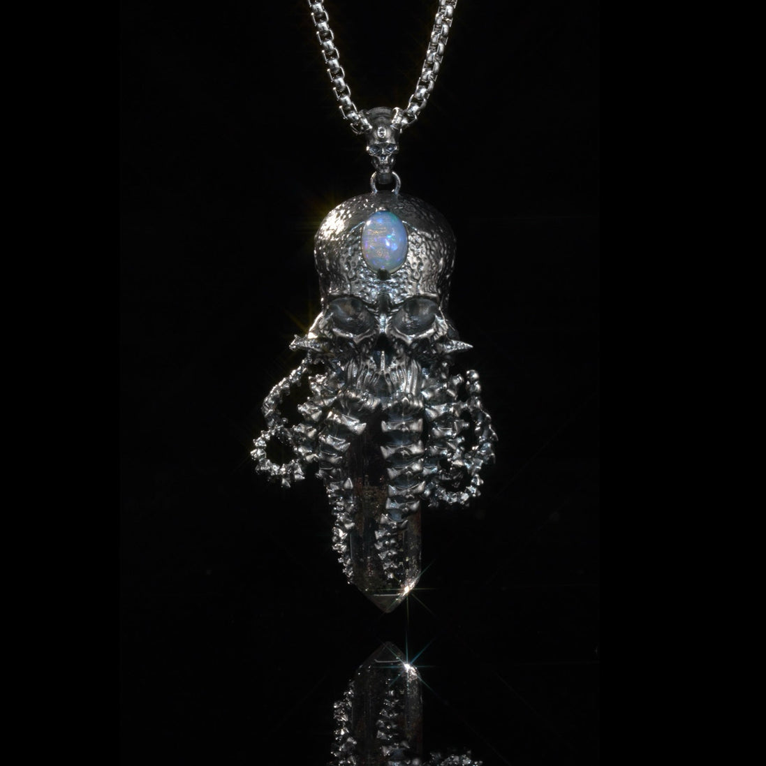 925 sterling silver skull pendant necklace with natural black quartz crystal and opal gemstone