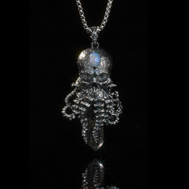 925 sterling silver skull pendant necklace with natural black quartz crystal and opal gemstone