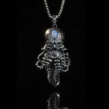 925 sterling silver skull pendant necklace with natural black quartz crystal and opal gemstone