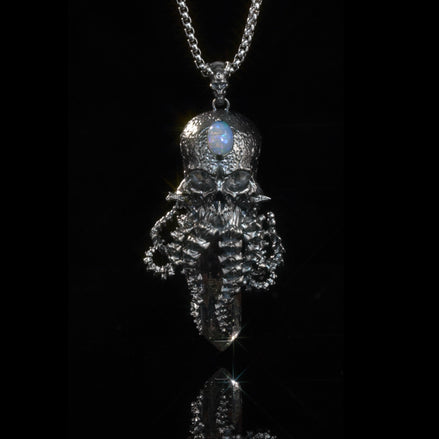 925 sterling silver skull pendant necklace with natural black quartz crystal and opal gemstone