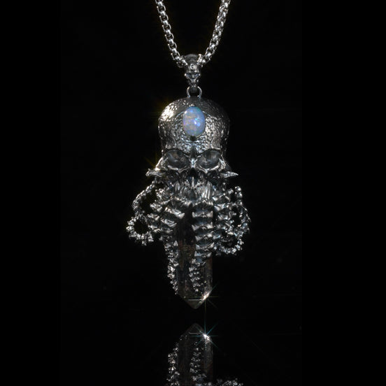 925 sterling silver skull pendant necklace with natural black quartz crystal and opal gemstone